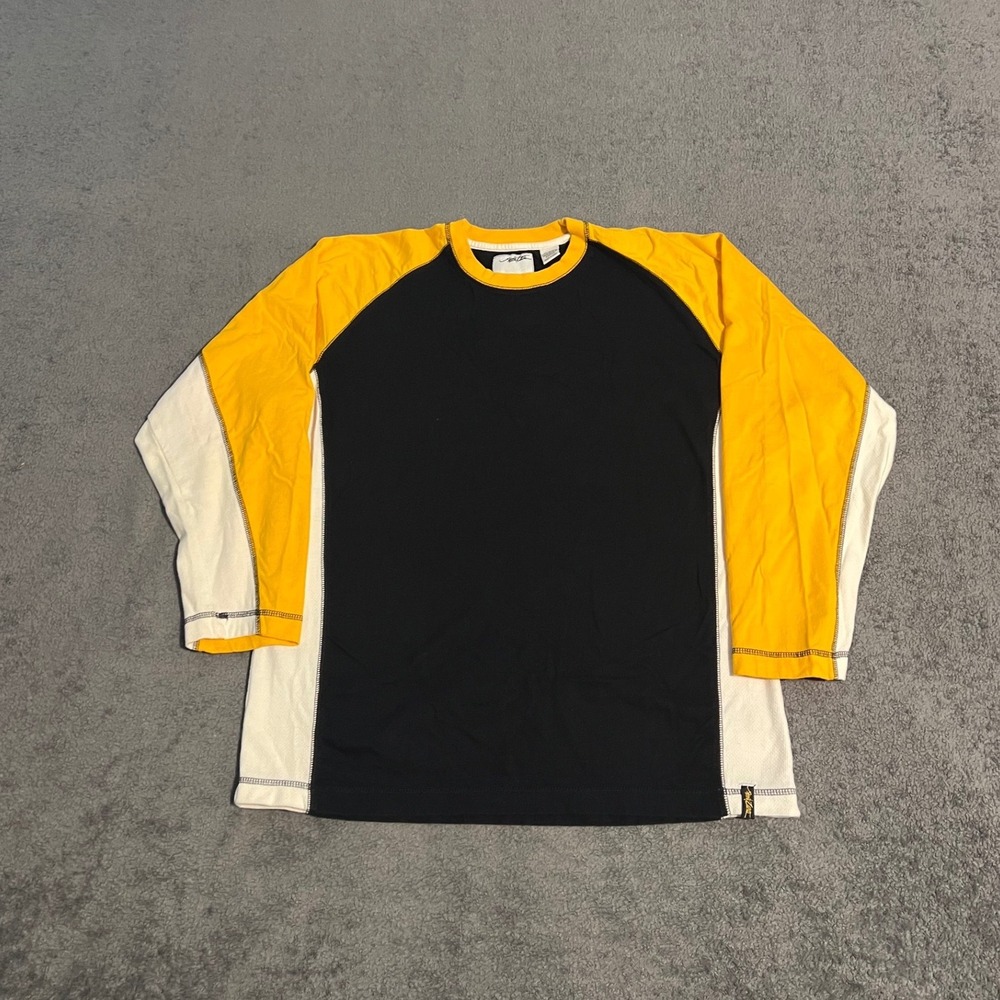 Vintage Y2K Point Zero Mens Colorblock Long Sleeve Shirt Black Yellow Large